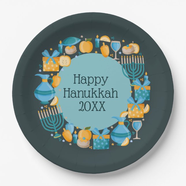 Hanukkah Wreath Blue Paper Plate (Front)
