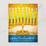 Hanukkah Yellow Gold Menorah Script Teal Stylish Holiday Postcard<br><div class="desc">“Peace, Love, Hanukkah”. A close-up photo illustration of a bright, colorful, yellow gold artsy menorah on a textured teal blue background helps you usher in the holiday of Hanukkah. Feel the warmth and joy of the holiday season whenever you send this stunning, colorful Hanukkah greeting postcard. Matching envelopes, stickers, tote...</div>