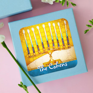 Hanukkah Yellow Gold Menorah Teal Blue Custom Name Square Sticker