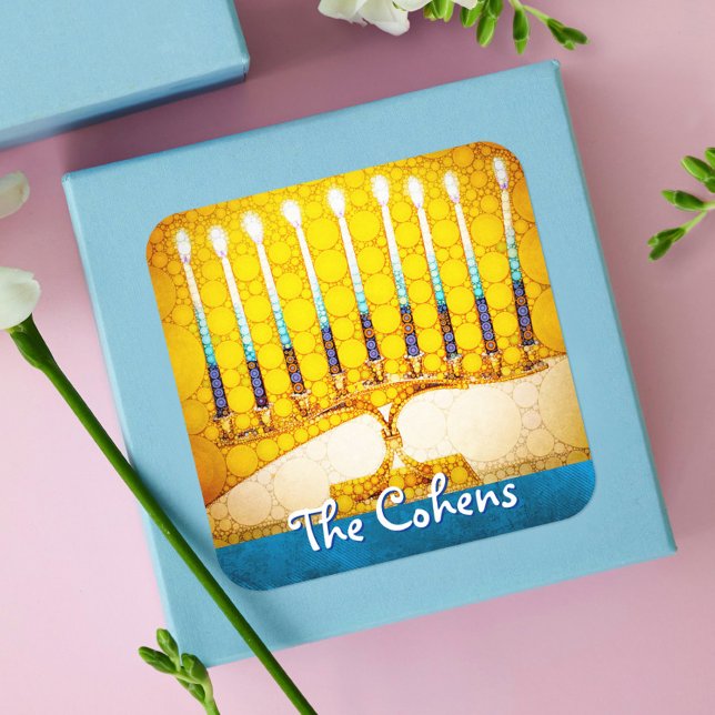 Hanukkah Yellow Gold Menorah Teal Blue Custom Name Square Sticker (Creator Uploaded)