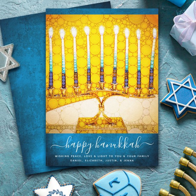 Hanukkah Yellow Gold Menorah Teal Bold Stylish Holiday Card (Creator Uploaded)