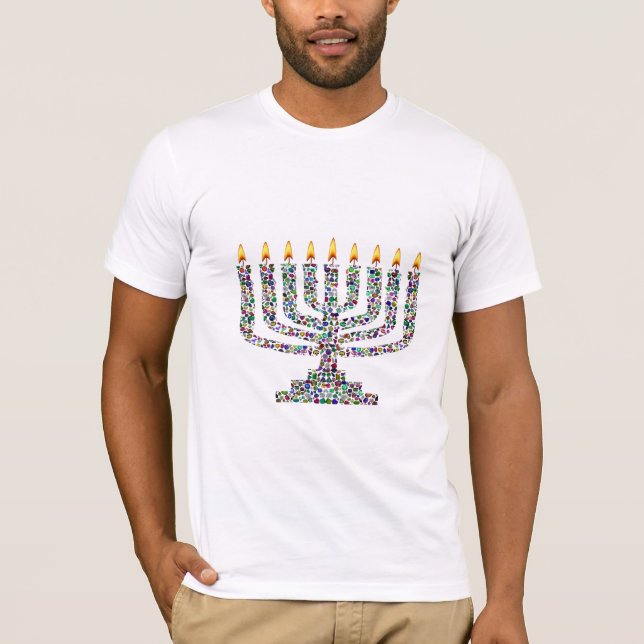 Hanukkiah and Shalom made with Gemstones T-Shirt (Front)