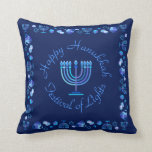 Hanukkiah Happy Hanukkah Jewish Holiday Menorah Cushion<br><div class="desc">Hanukkiah Symbol. Happy Hanukkah Party Jewish Holiday Blue Menorah. Jewish Holiday Chanukkah Decoration with traditional Chanuka decorative symbol - Navy Blue colour hanukkiah menorah, candlestick with candles, star of David and neon blue glowing lights illustration. Hanukkah Festival of lights Event Decoration. Jerusalem, Israel. Home > Home Décor > Pillows &...</div>