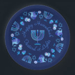 Hanukkiah Happy Hanukkah Jewish Holiday Menorah Paper Plate<br><div class="desc">Hanukkiah Symbol. Happy Hanukkah Party Jewish Holiday Blue Menorah. Jewish Holiday Chanukkah Decoration with traditional Chanuka decorative symbol - Navy Blue colour hanukkiah menorah, candlestick with candles, star of David and neon blue glowing lights illustration. Hanukkah Festival of lights Event Decoration. Jerusalem, Israel. Crafts & Party Supplies > Party Supplies...</div>