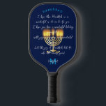Hanukkiah Happy Hanukkah Jewish Holiday Menorah Pickleball Paddle<br><div class="desc">Hanukkiah Menorah Symbol with Monogram. Happy Hanukkah Party Jewish Holiday Hanukkiah. Jewish Holiday Chanukkah Decoration with traditional Chanukah decorative symbol - hanukkiah menorah, candlestick with candles, star of David and spinning top, doughnuts Navy Blue colour pattern illustration. Hanukkah Festival of lights Event Decoration. Jerusalem, Israel. Sports, Toys & Games >...</div>