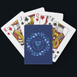 Hanukkiah Happy Hanukkah Jewish Holiday Menorah Playing Cards<br><div class="desc">Hanukkiah Symbol. Happy Hanukkah Party Jewish Holiday Blue Menorah. Jewish Holiday Chanukkah Decoration with traditional Chanuka decorative symbol - Navy Blue colour hanukkiah menorah, candlestick with candles, star of David and neon blue glowing lights illustration. Hanukkah Festival of lights Event Decoration. Jerusalem, Israel. Sports, Toys & Games > Toys &...</div>