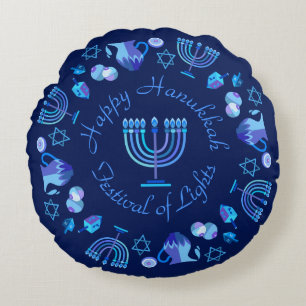 Hanukkiah Happy Hanukkah Jewish Holiday Menorah Round Cushion