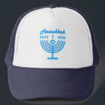 Hanukkiah Happy Hanukkah Jewish Holiday Menorah Trucker Hat<br><div class="desc">Hanukkiah Symbol. Happy Hanukkah Party Jewish Holiday Blue Menorah. Jewish Holiday Chanukkah Decoration with traditional Chanuka decorative symbol - Navy Blue color hanukkiah menorah, candlestick with candles, star of David and neon blue glowing lights illustration. Hanukkah Festival of lights Event Decoration. Jerusalem, Israel. Accessories > Hats & Hair Accessories >...</div>