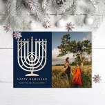 Hanukkiah Menorah Happy Hanukkah Photo Navy<br><div class="desc">Illustrated menorah (hanukkiah) and "Happy Hanukkah" in real foil. Add a message or more photos to the back side. Choose from gold,  silver or rose gold foil</div>