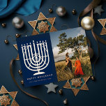Hanukkiah Menorah Happy Hanukkah Photo Navy<br><div class="desc">Illustrated menorah (hanukkiah) and "Happy Hanukkah" in real foil. Add a message or more photos to the back side. Choose from gold,  silver or rose gold foil</div>