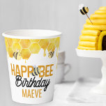 Happ-Bee Birthday Bee Theme Kids Party Paper Cups<br><div class="desc">Happ-Bee birthday paper cups that are as sweet as honey! Bee birthday party tableware personalised for your guest of honour and featuring a playful pun that's sure to make your guests smile. The watercolor illustration is a cute blend of honeycomb, dripping honey and cute little bumble bees. For co-ordinating invitations...</div>