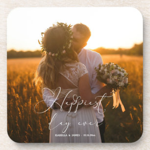 Happiest Day Elegant Calligraphy Wedding Photo Coaster