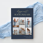Happiest Hanukkah Elegant 6 Photo Collage<br><div class="desc">Share cheer with these modern Hanukkah holiday cards featuring 6 of your favourite photos in a grid collage layout. "Happiest Hanukkah" appears at the top in gold foil hand lettered calligraphy and classic serif lettering on a navy blue background. Personalise with your family name and the year at the lower...</div>