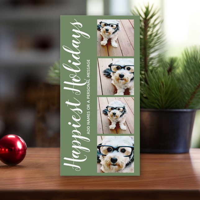 Happiest Holidays 4 Photo Collage Christmas Green Holiday Card (4 Photo Holiday Card)