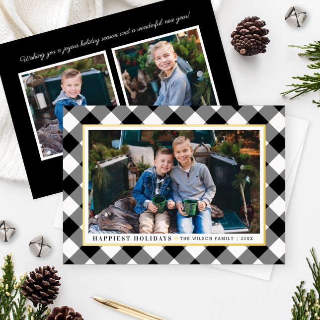 Happiest Holidays Black Buffalo Plaid Photo Gold (Creator Uploaded)