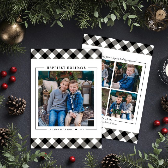 Happiest Holidays Black Buffalo Plaid Photo Holiday Card (Creator Uploaded)