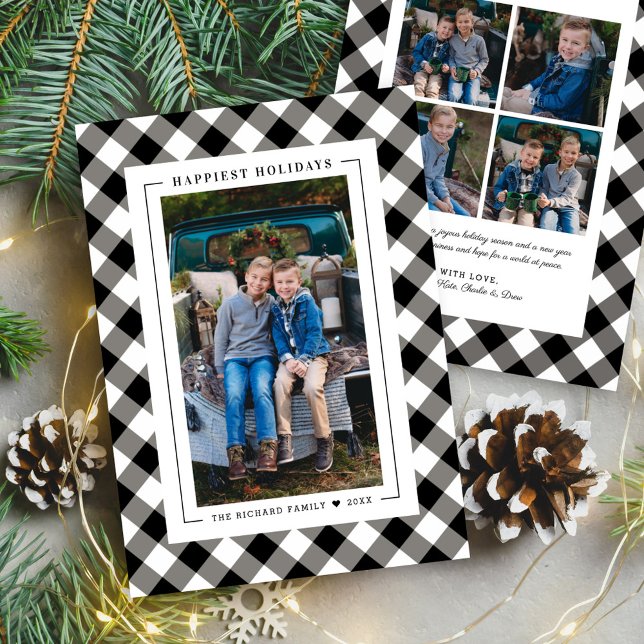 Happiest Holidays Black Buffalo Plaid Photo Holiday Card (Creator Uploaded)