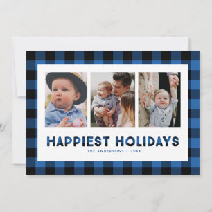 Happiest Holidays Blue Buffalo Plaid Photo Holiday Card