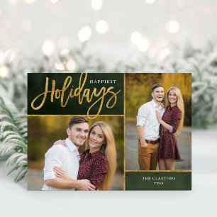 Happiest Holidays Faux Gold Foil 2 Photo Holiday Card