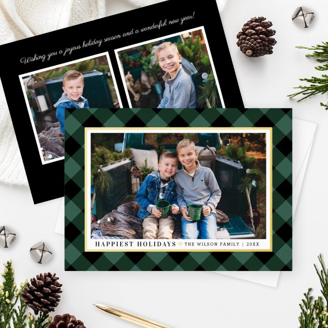Happiest Holidays Green Buffalo Plaid Photo Gold (Creator Uploaded)