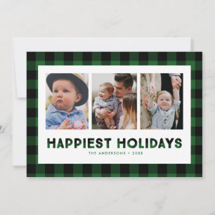 Happiest Holidays Green Buffalo Plaid Photo Holiday Card