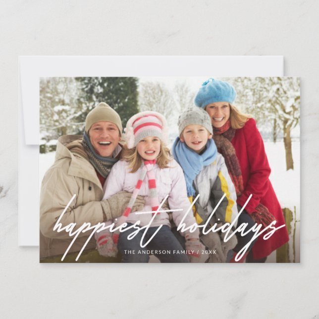 Happiest Holidays Handwritten White Script Photo Holiday Card (Front)