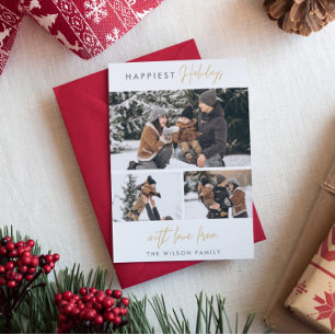 Happiest Holidays   Minimalist Gold 3 Photo Holiday Card