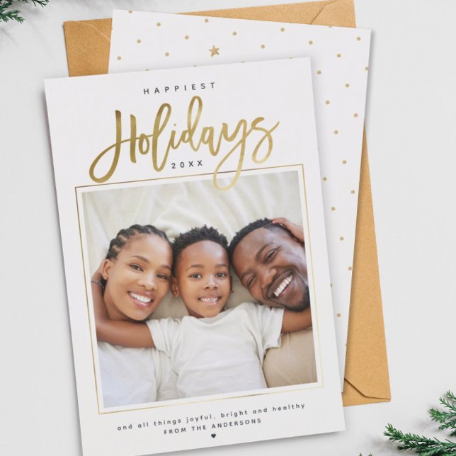 Happiest Holidays Minimalist Gold Modern Photo Holiday Card (Creator Uploaded)