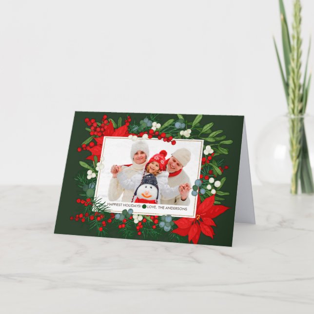 Happiest Holidays. Mistletoe and Poinsettia Photo Holiday Card (Front)