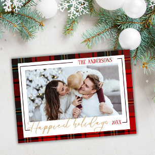 Happiest holidays modern 1 family photo red plaid holiday card