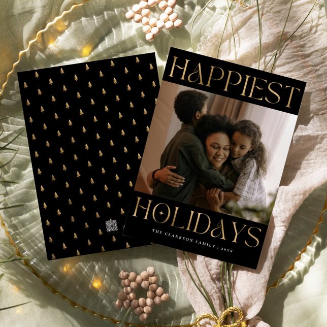 Happiest Holidays Modern Gold & Black Holiday Card (Creator Uploaded)