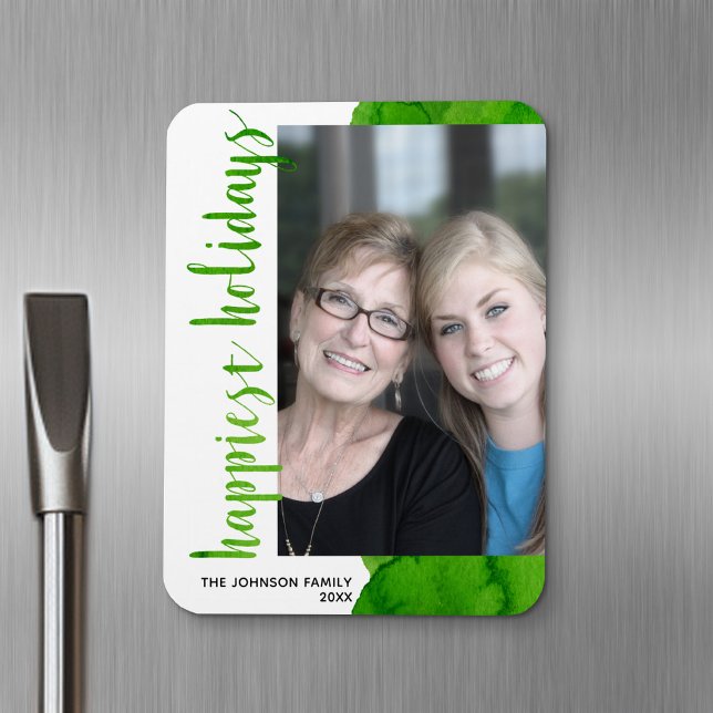 Happiest Holidays Modern Off Centre 1 Photo Green Magnet (Personalized fridge magnet - add photos and custom text)