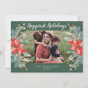 Happiest Holidays Modern Oval Photo Botanical Holiday Card