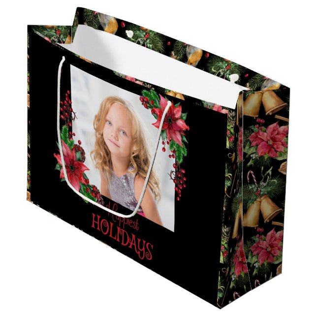 Happiest Holidays Poinsettia Christmas Large Gift Bag (Front Angled)