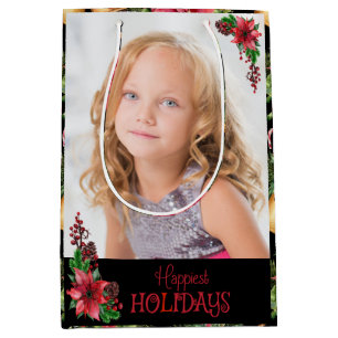 Happiest Holidays Poinsettia Family Photo Medium Gift Bag