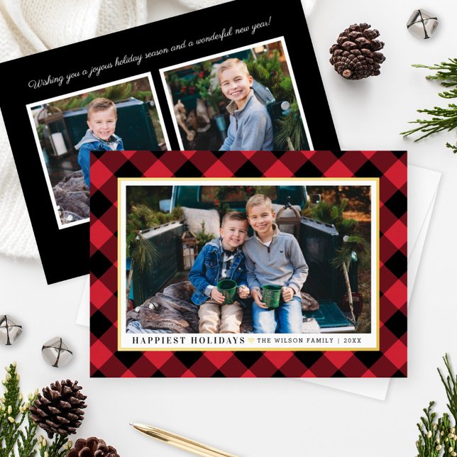 Happiest Holidays Red Buffalo Plaid Photo Gold (Creator Uploaded)