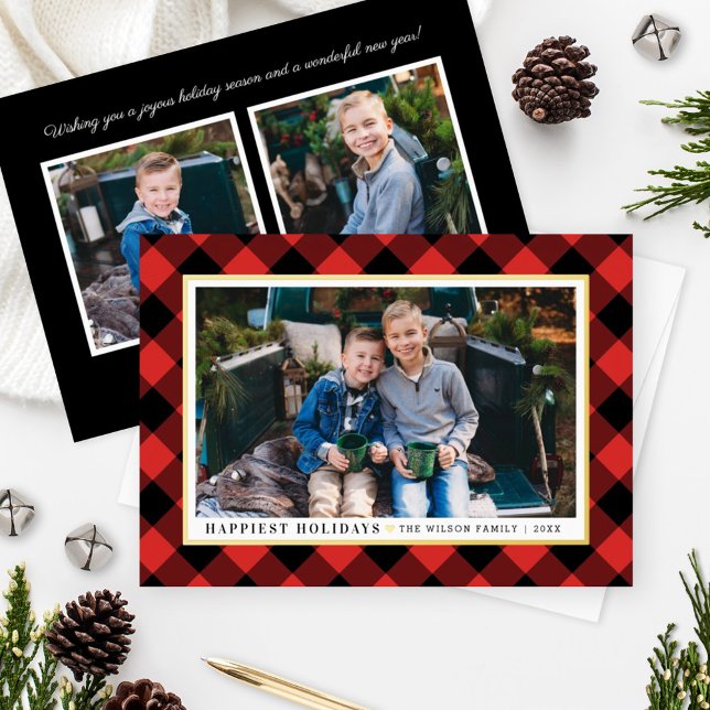 Happiest Holidays Red Buffalo Plaid Photo Gold (Creator Uploaded)