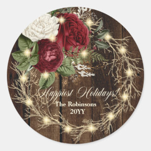 Happiest Holidays - Rustic Woodsy Lighted Wreath Classic Round Sticker