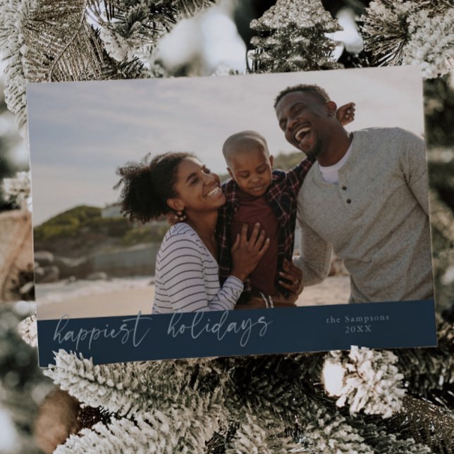 Happiest Holidays Script Blue Christmas Photo Holiday Card (Creator Uploaded)