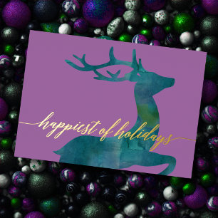 Happiest of Holidays with Teal Watercolor Reindeer