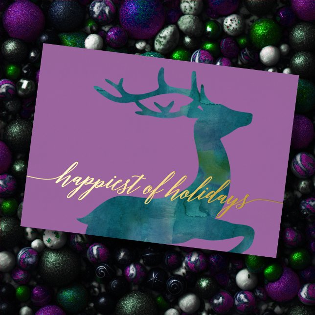 Happiest of Holidays with Teal Watercolor Reindeer Holiday Card (Creator Uploaded)