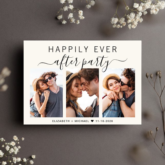 Happily Ever After 3 Photo Cream Wedding Reception Invitation (From private vows to a grand happily ever after party - celebrate with family and friends)