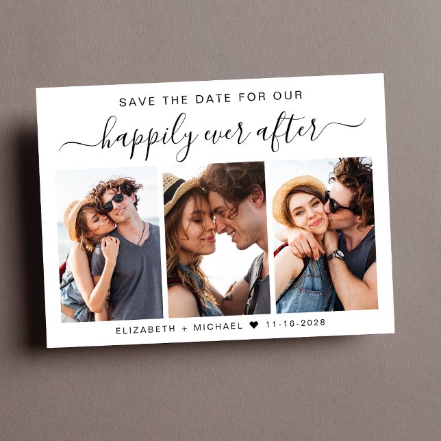 Happily Ever After 3 Photo Save The Date Announcement Postcard (A stylish save the date photo collage announcement postcard for your wedding )