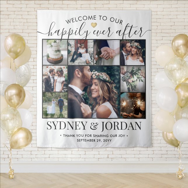 Happily Ever After 9 Photo Collage Wedding Welcome Tapestry (Creator Uploaded)