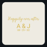 Happily Ever After Alabaster White Gold Monogram Square Sticker<br><div class="desc">Customise this elegant wedding invitation envelope seals and favour stickers. A simple and minimalistic design featuring an elegant and subtle "happily ever after" gold script typography,  followed by simple and modern sans serif font for the newlyweds monogrammed initials and wedding date,  on  alabaster white background.</div>