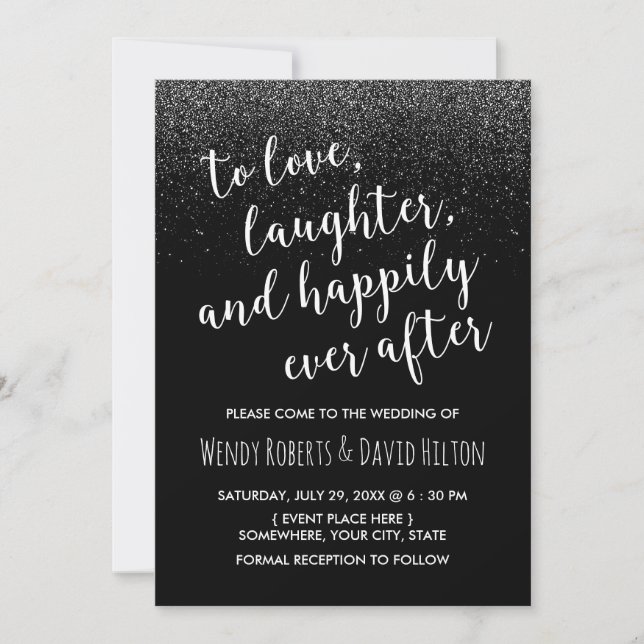 Happily Ever After Black Glitter Modern Wedding Invitation (Front)