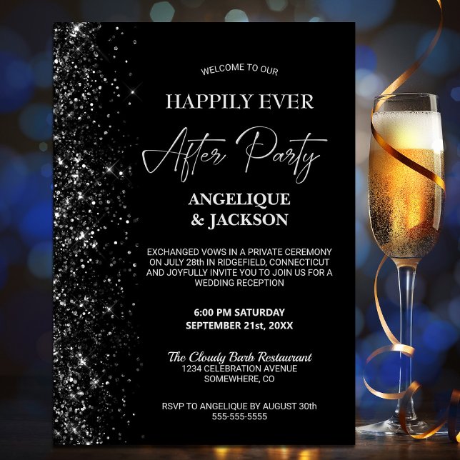 Happily Ever After Black Glitter Wedding Reception Invitation (Creator Uploaded)