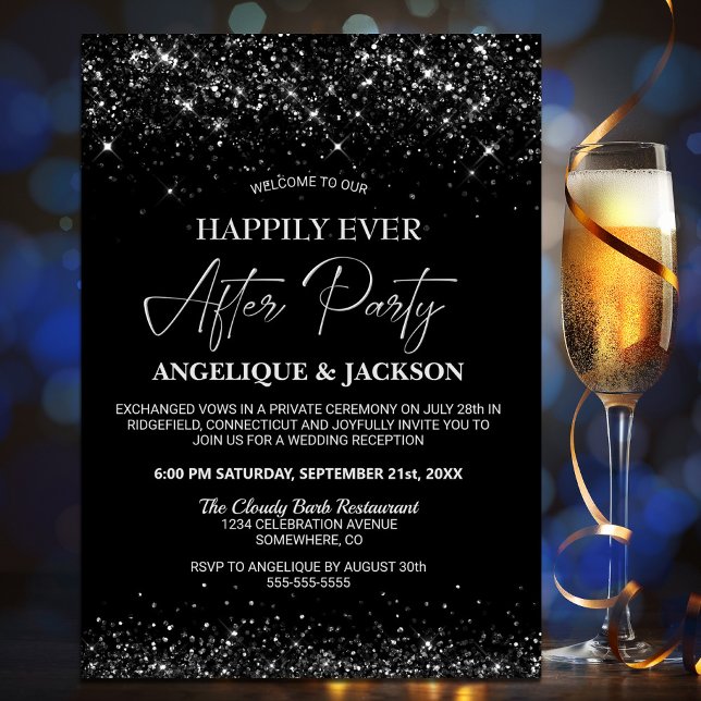Happily Ever After Black Glitter Wedding Reception Invitation (Creator Uploaded)