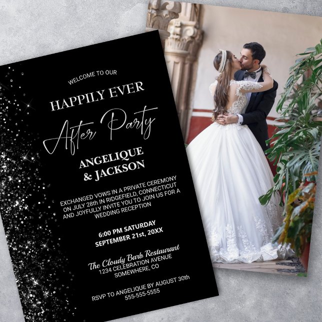 Happily Ever After Black Glitter Wedding Reception Invitation (Creator Uploaded)