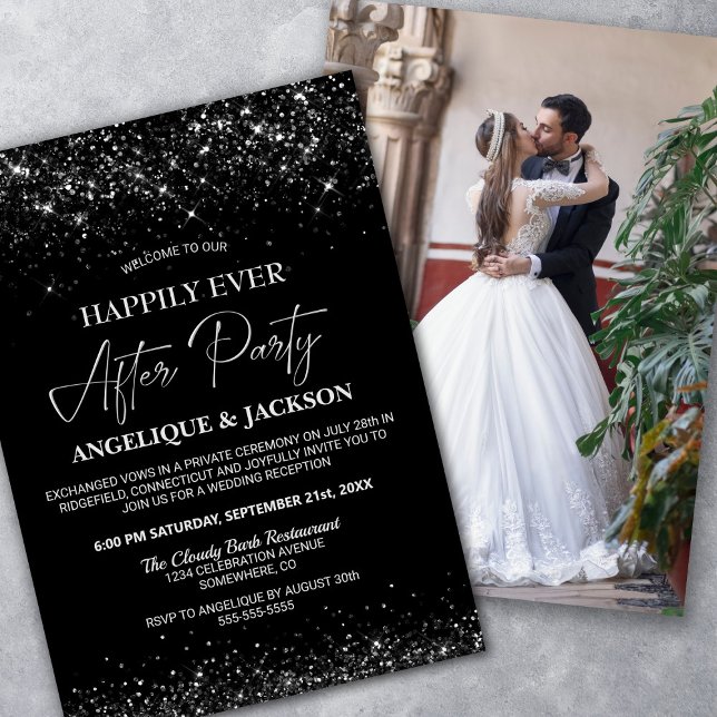 Happily Ever After Black Glitter Wedding Reception Invitation (Creator Uploaded)